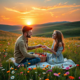 A romantic scene depicting a couple having a picnic in a beautiful meadow filled with colorful wildflowers