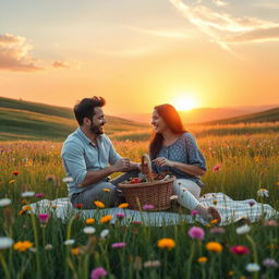 A romantic scene depicting a couple having a picnic in a beautiful meadow filled with colorful wildflowers