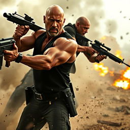 An action-packed scene from 'The Expendables 5' first trailer featuring Keanu Reeves and Dwayne Johnson