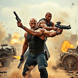 An action-packed scene from 'The Expendables 5' first trailer featuring Keanu Reeves and Dwayne Johnson