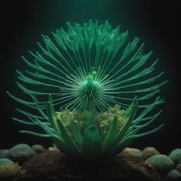 A mystical life seed, radiating with emerald-green light, sprouting a vibrant variety of flora and fauna from its core, symbolizing the origin and diversity of life