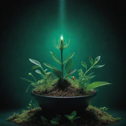 A mystical life seed, radiating with emerald-green light, sprouting a vibrant variety of flora and fauna from its core, symbolizing the origin and diversity of life