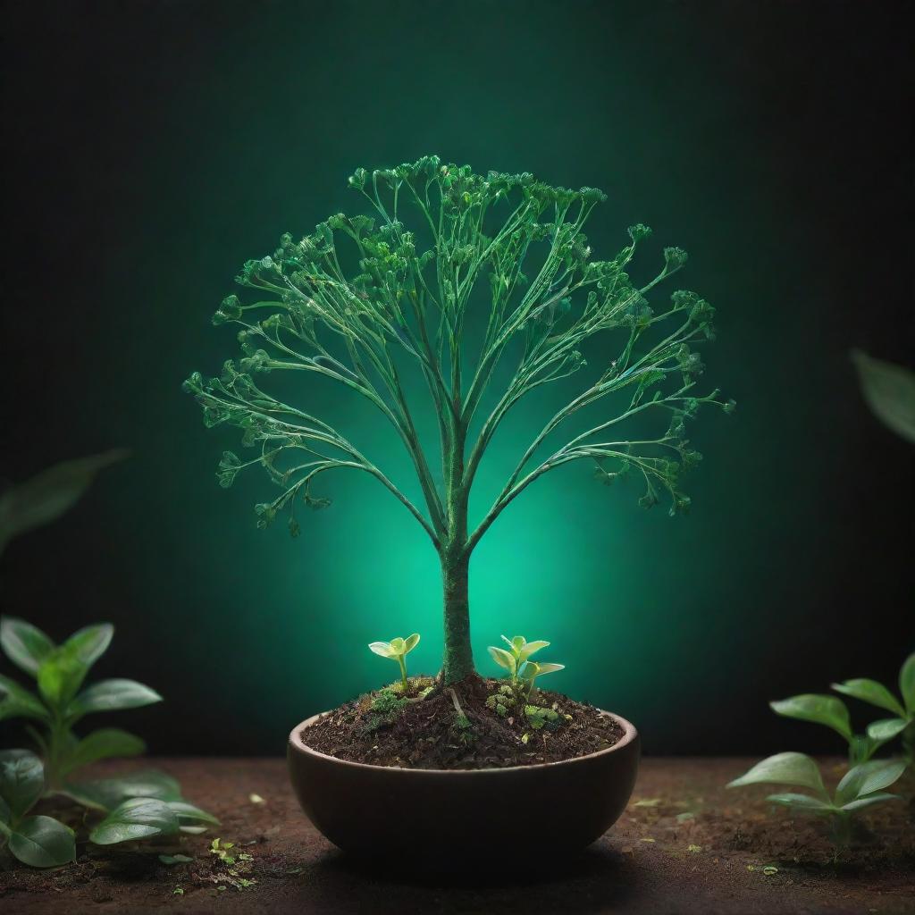 A mystical life seed, radiating with emerald-green light, sprouting a vibrant variety of flora and fauna from its core, symbolizing the origin and diversity of life