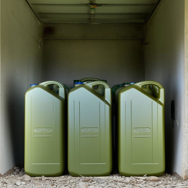 3 10-liter jerry cans in garage