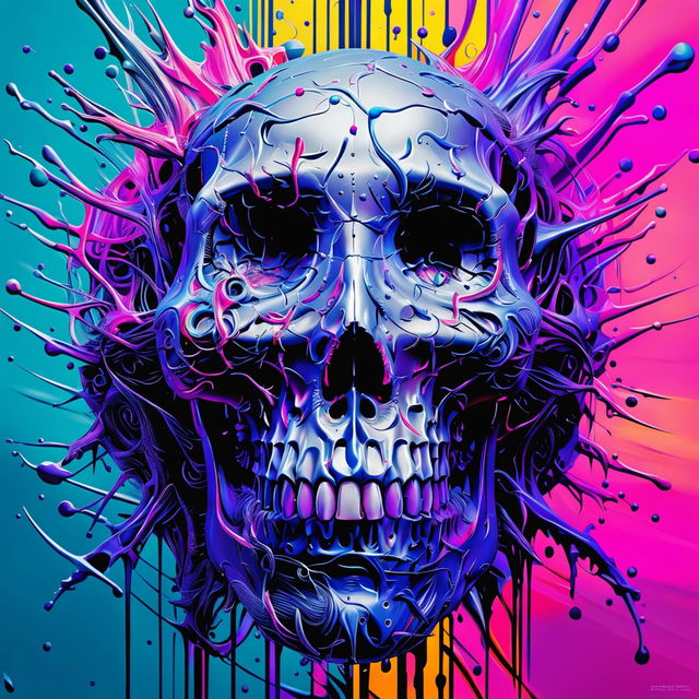 A stylized digital art of a metallic silver skull with exaggerated features set against an abstract background filled with swirling patterns of vibrant colors