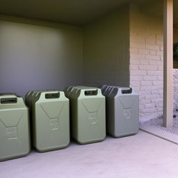 3 10-liter jerry cans in garage