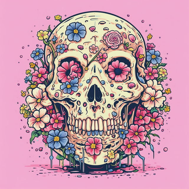 A charming digital art of a cute, cartoonish skull adorned with colorful flowers and set against a pastel pink background.