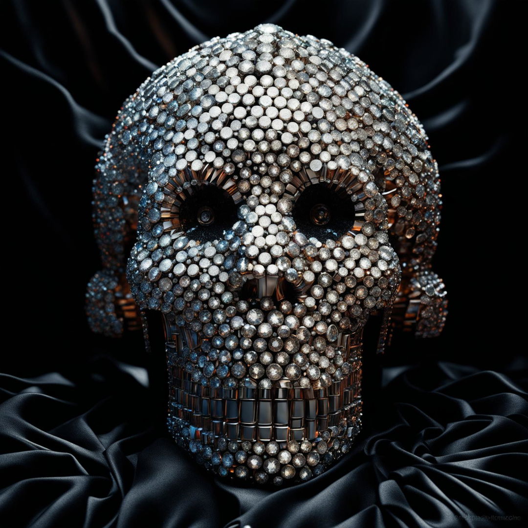 A dazzling digital art of a skull made entirely of shimmering diamonds, set against a deep black velvet background.