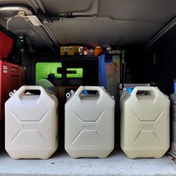 3 10-liter jerry cans in garage