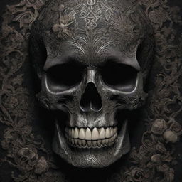 A highly detailed, dark yet beautiful artwork featuring a human skull intricately adorned with various art patterns and textures