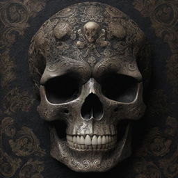 A highly detailed, dark yet beautiful artwork featuring a human skull intricately adorned with various art patterns and textures