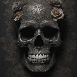 A highly detailed, dark yet beautiful artwork featuring a human skull intricately adorned with various art patterns and textures