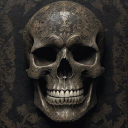 A highly detailed, dark yet beautiful artwork featuring a human skull intricately adorned with various art patterns and textures