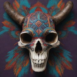 A striking piece of art showcasing an animal skull, intricately decorated with tribal design elements and vibrant colors