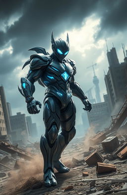 A dynamic action scene featuring a heroic figure in a futuristic bio-armor suit, known as 'The Guyver'
