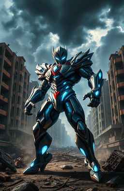 A dynamic action scene featuring a heroic figure in a futuristic bio-armor suit, known as 'The Guyver'