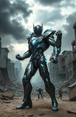 A dynamic action scene featuring a heroic figure in a futuristic bio-armor suit, known as 'The Guyver'