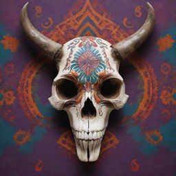 A striking piece of art showcasing an animal skull, intricately decorated with tribal design elements and vibrant colors