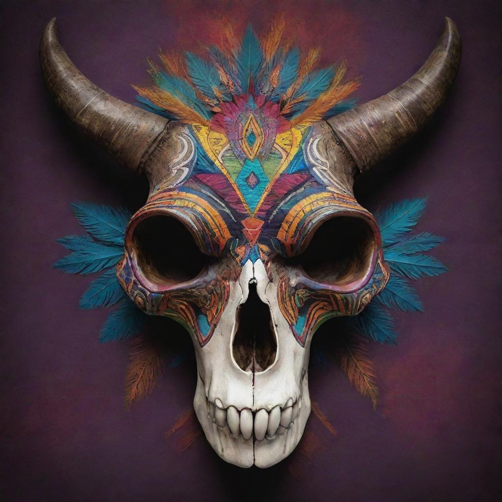 A striking piece of art showcasing an animal skull, intricately decorated with tribal design elements and vibrant colors