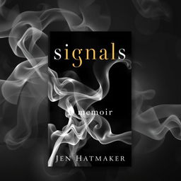 A striking book cover for "Signals: A Memoir" by Jen Hatmaker, featuring a dramatic interplay of smoke as a central design element