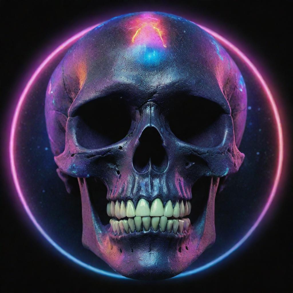 A captivating creation showcasing an extraterrestrial's skull, interlaced with cosmic elements and vibrant, neon hues