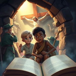 Two young siblings traveling through time via a magical book, witnessing the crucifixion of Jesus