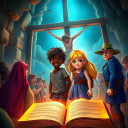 Two young siblings traveling through time via a magical book, witnessing the crucifixion of Jesus