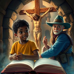 Two young siblings traveling through time via a magical book, witnessing the crucifixion of Jesus