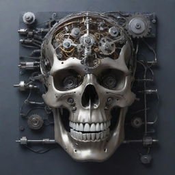 An impressive piece of art featuring a robotic skull with visible gears and wires