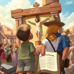 Two young siblings, a black boy and his blonde sister wearing shorts, travel through time via a magical book