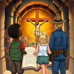 Two young siblings, a black boy and his blonde sister wearing shorts, travel through time via a magical book
