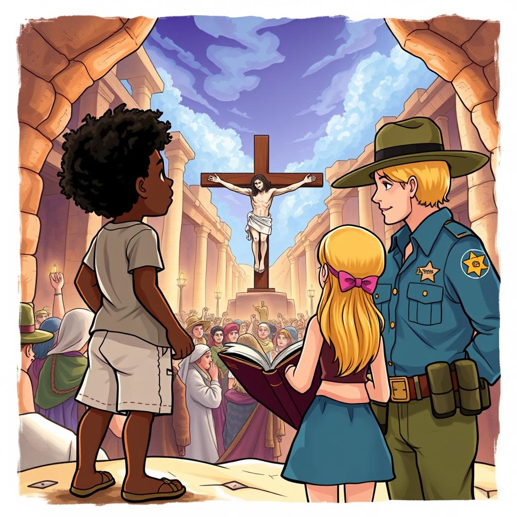 Two young siblings, a black boy and his blonde sister wearing shorts, travel through time via a magical book