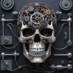 An impressive piece of art featuring a robotic skull with visible gears and wires