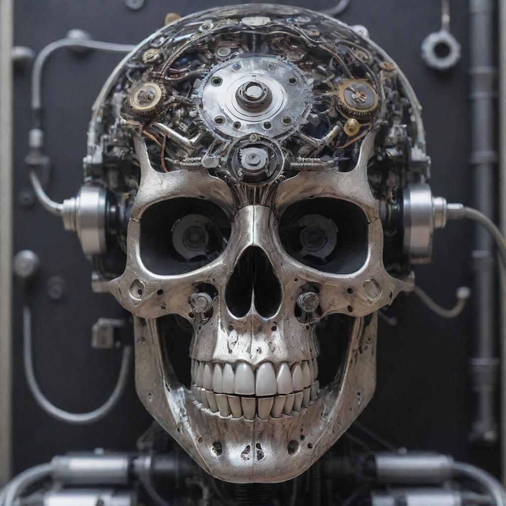 An impressive piece of art featuring a robotic skull with visible gears and wires