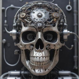 An impressive piece of art featuring a robotic skull with visible gears and wires