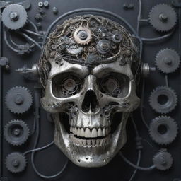 An impressive piece of art featuring a robotic skull with visible gears and wires