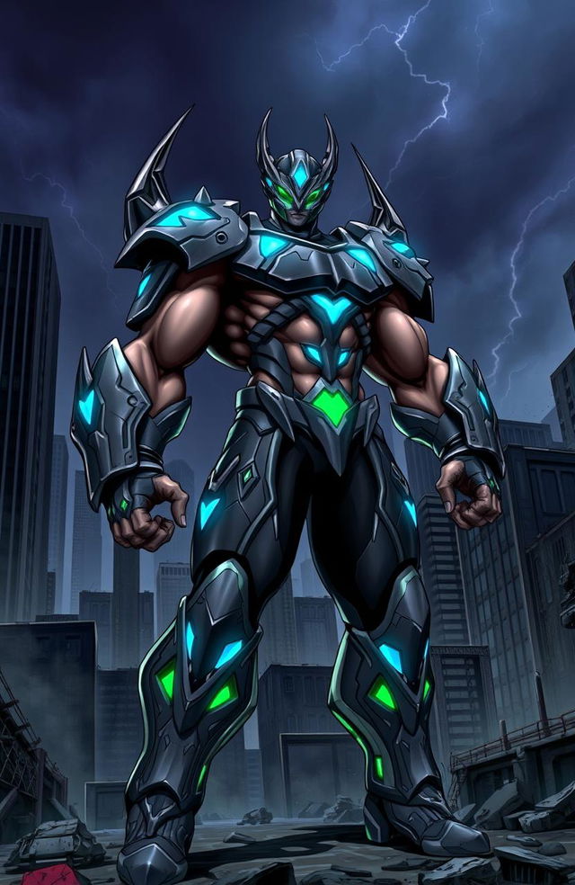 A dynamic and powerful illustration of a character inspired by The Guyver concept, featuring a muscular hero in an advanced biomechanical armor that glows with blue and green accents