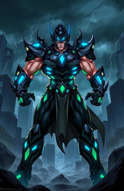 A dynamic and powerful illustration of a character inspired by The Guyver concept, featuring a muscular hero in an advanced biomechanical armor that glows with blue and green accents