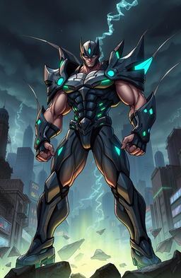 A dynamic and powerful illustration of a character inspired by The Guyver concept, featuring a muscular hero in an advanced biomechanical armor that glows with blue and green accents