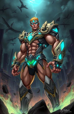A dynamic and powerful illustration of a character inspired by The Guyver concept, featuring a muscular hero in an advanced biomechanical armor that glows with blue and green accents