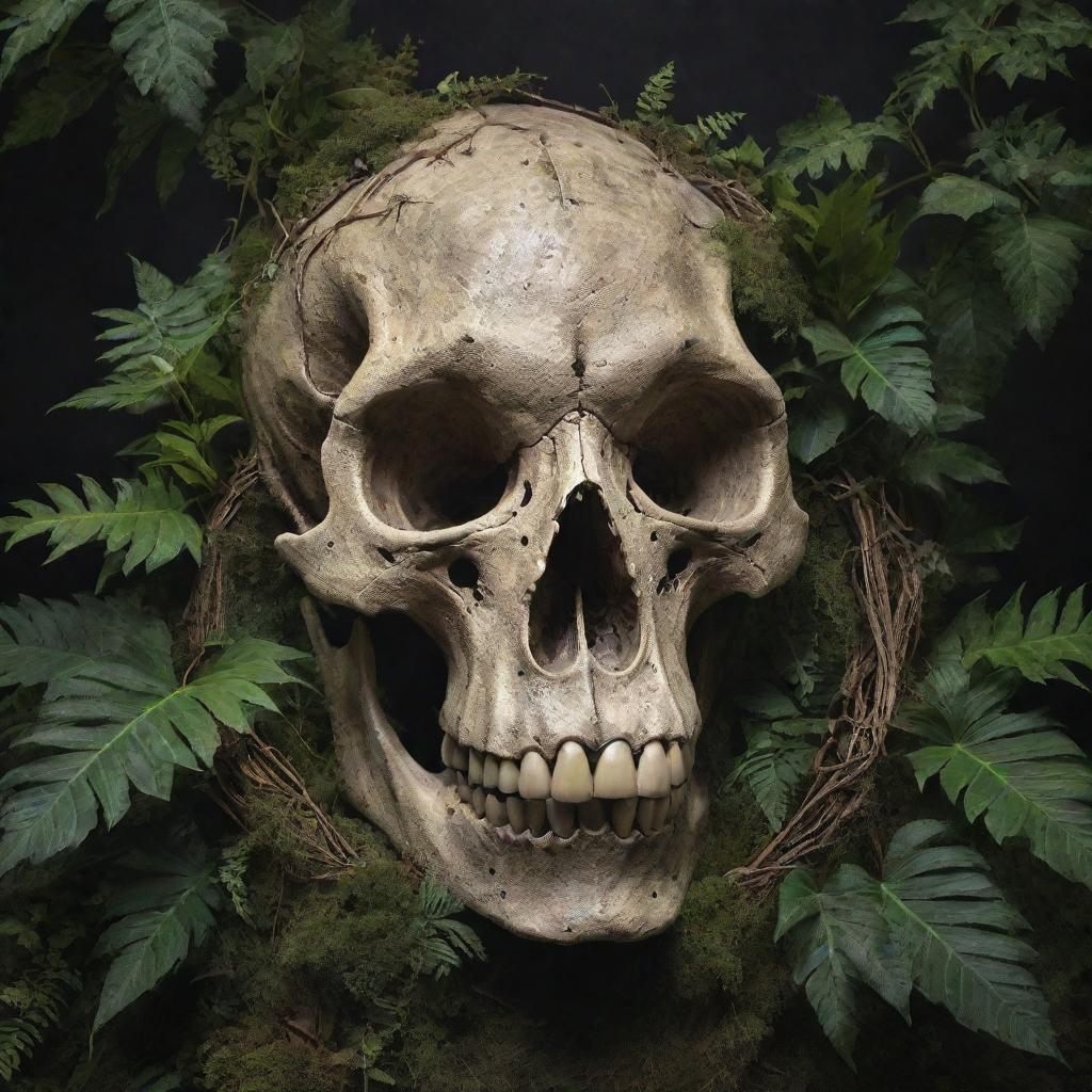 An intriguing artwork featuring a prehistoric dinosaur skull entwined with jungle plants and vines