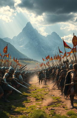 An epic battle scene between two powerful armies on a vast battlefield, with majestic mountains in the background