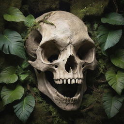 An intriguing artwork featuring a prehistoric dinosaur skull entwined with jungle plants and vines