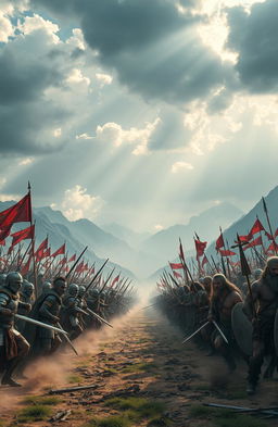 An epic battle scene between two powerful armies on a vast battlefield, with majestic mountains in the background