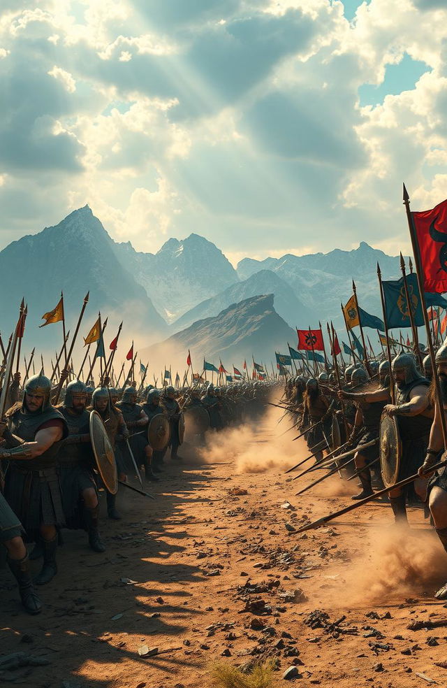 An epic battle scene between two powerful armies on a vast battlefield, with majestic mountains in the background