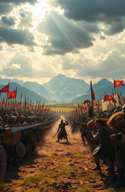 An epic battle scene between two powerful armies on a vast battlefield, with majestic mountains in the background
