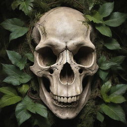 An intriguing artwork featuring a prehistoric dinosaur skull entwined with jungle plants and vines