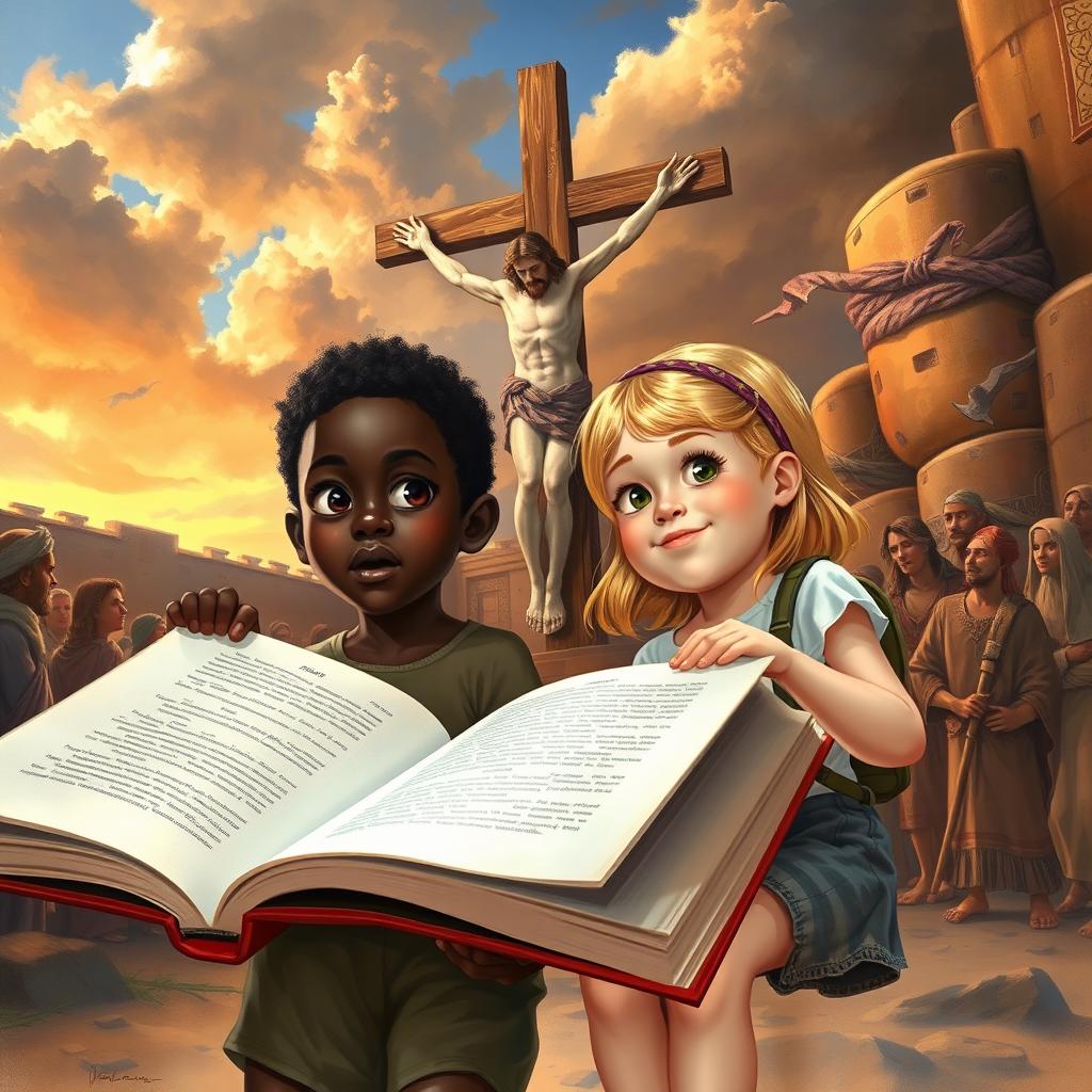 Two young siblings, a black boy and his blonde sister wearing shorts, embark on a time-traveling adventure through a magical book