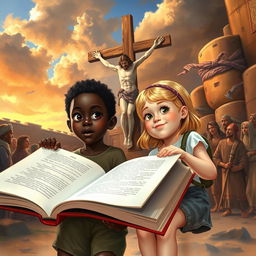 Two young siblings, a black boy and his blonde sister wearing shorts, embark on a time-traveling adventure through a magical book