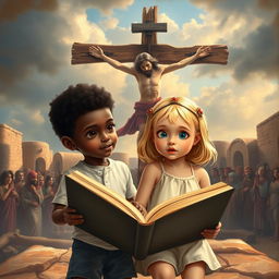 Two young siblings, a black boy and his blonde sister wearing shorts, embark on a time-traveling adventure through a magical book